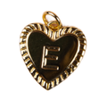 Gold heart-shaped pendant with letter 'E' on a white background