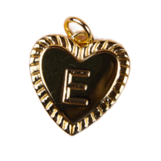 Gold heart-shaped pendant with letter 'E' on a white background