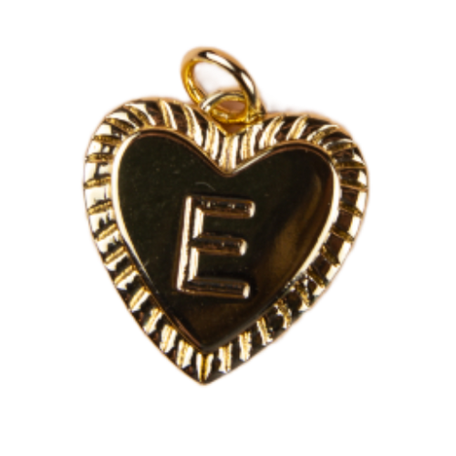 Gold heart-shaped pendant with letter 'E' on a white background